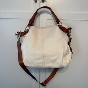 Ivory and Brown Leather Hobo with Fabric Cross Body Strap